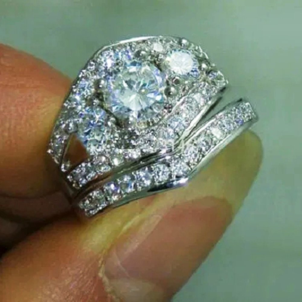 "2 pcs 925 Sterling Silver Plated Retro Carved Luxury Fashion RingSet, U… - Picture 3 of 5